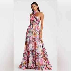 Mac Duggal Multicolor Asymmetrical Ruffled Halter Floral Gown Size 8